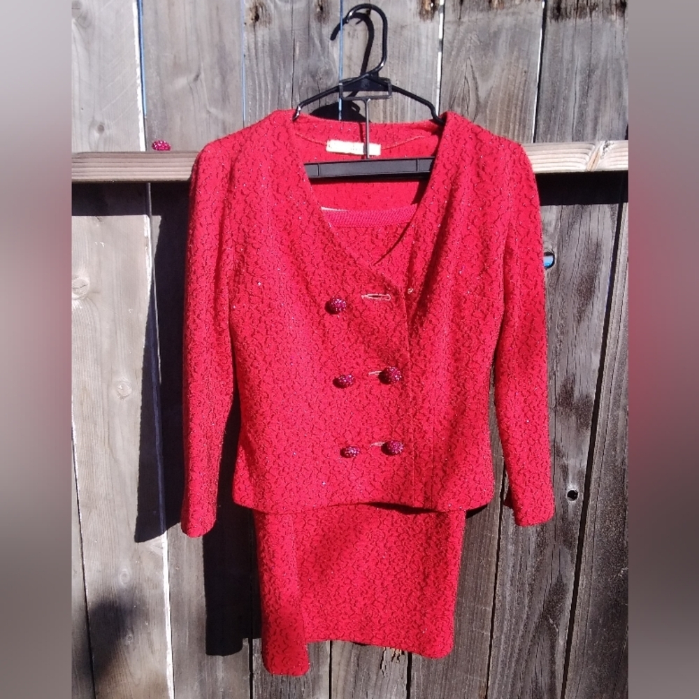 I Magnin Vintage Suit Womens Skirt Red Lurex Metallic Designer 60s Mod Mcm
